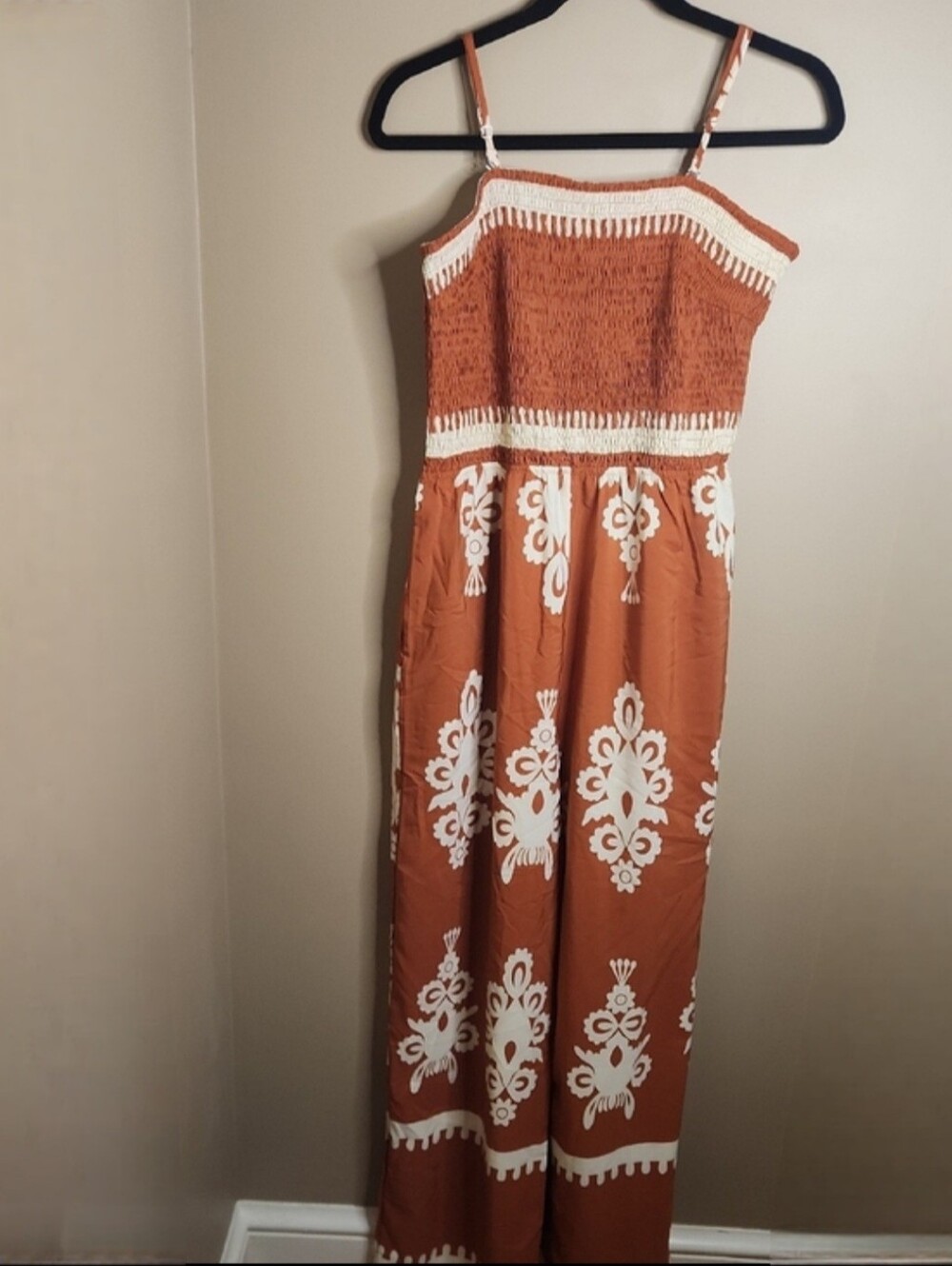 Pretty Garden Summer Boho Jumpsuit In Burnt Orange Design. Size L.